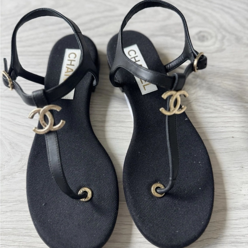 CHANEL Black T-Strap Sandals with Gold CC Hardware - Picture 1 of 7